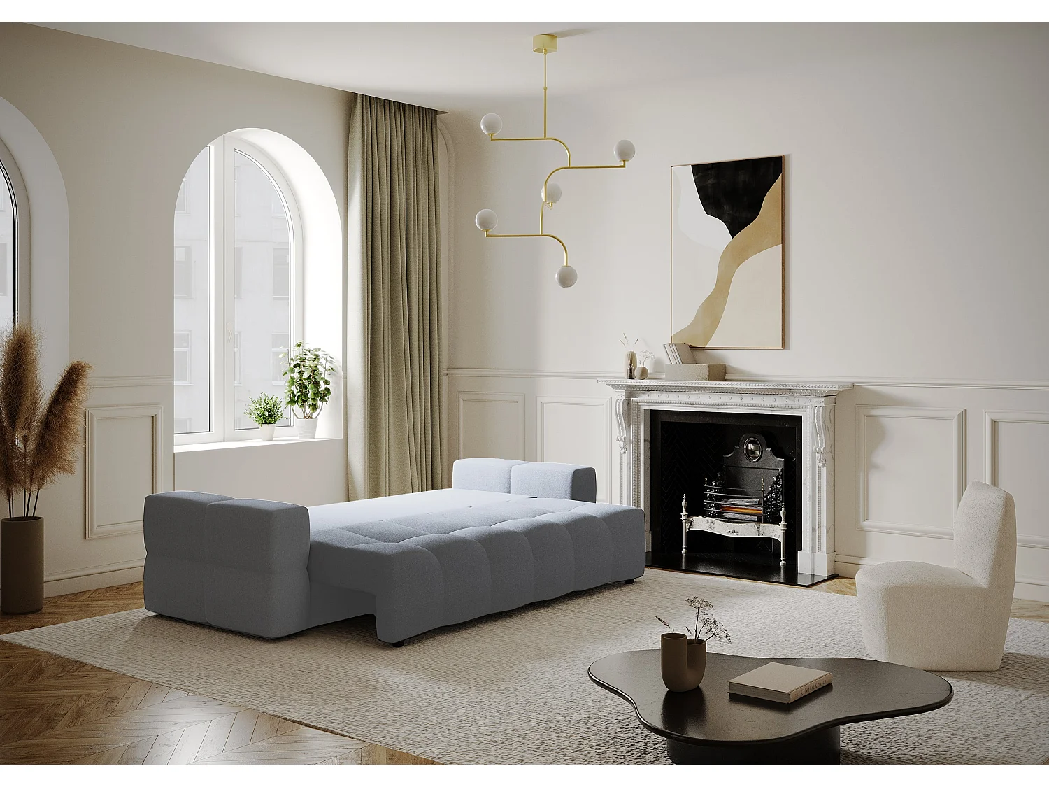 Canapé 4 places convertible coffre tissu tramé gris béton GABRIEL