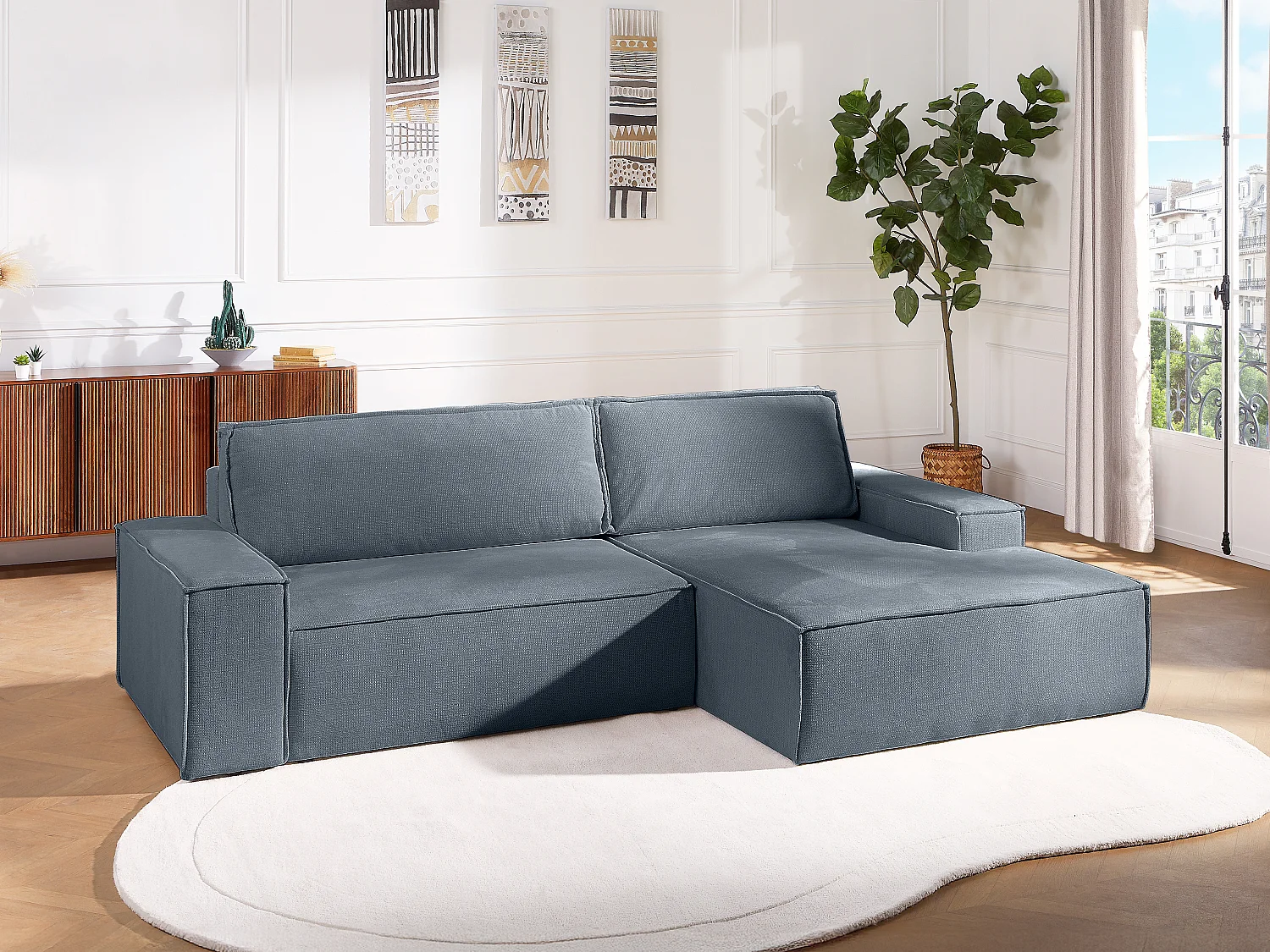 Canapé d'angle droit convertible en tissu texturé bleu AMELIA