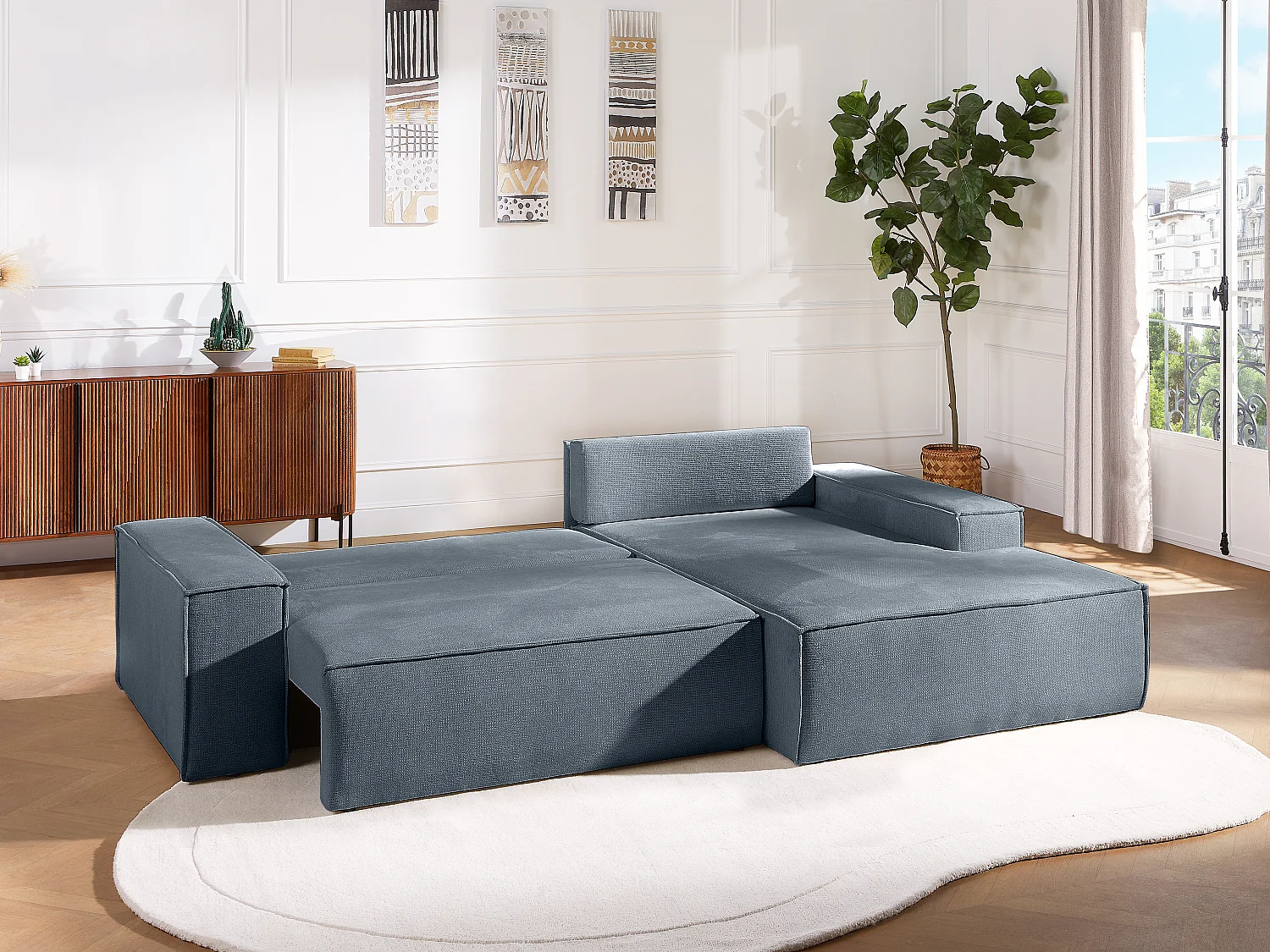 Canapé d'angle droit convertible en tissu texturé bleu AMELIA