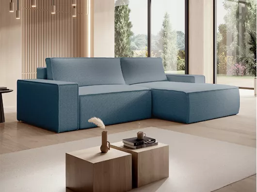 Kauf Unique Ecksofa mit Schlaffunktion - Ecke rechts - Strukturstoff - Blau - AMELIA