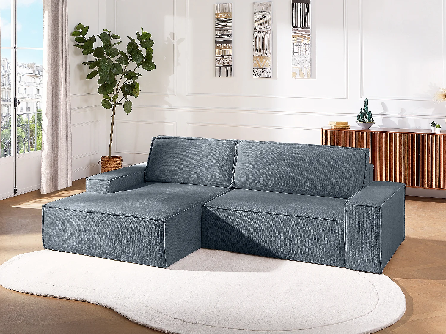 Ecksofa mit Schlaffunktion - Ecke links - Strukturstoff - Blau - AMELIA