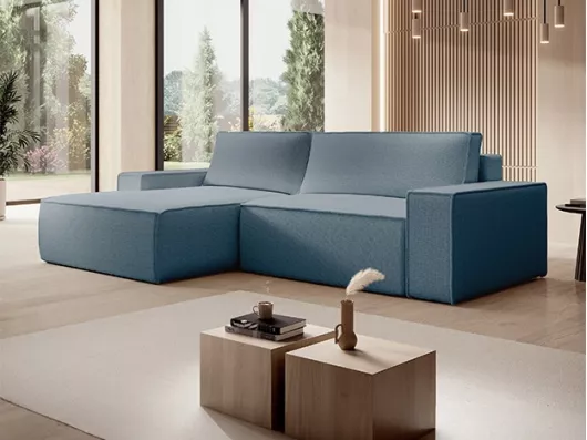 Kauf Unique Ecksofa mit Schlaffunktion - Ecke links - Strukturstoff - Blau - AMELIA