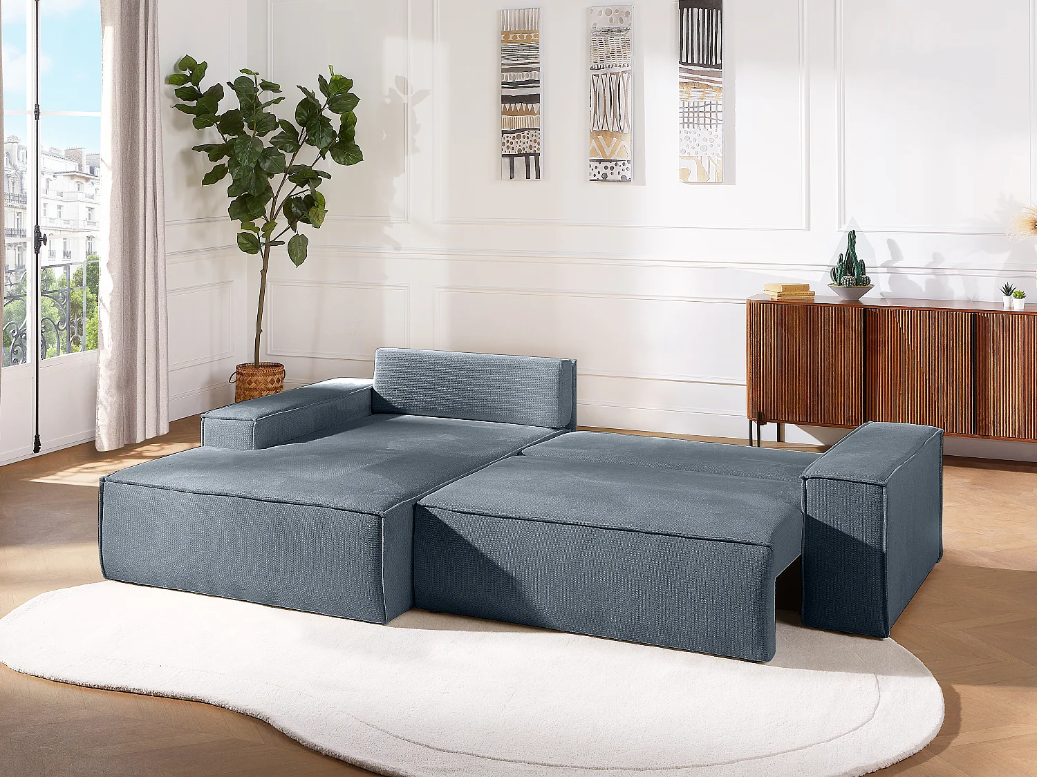 Canapé d'angle gauche convertible en tissu texturé bleu AMELIA