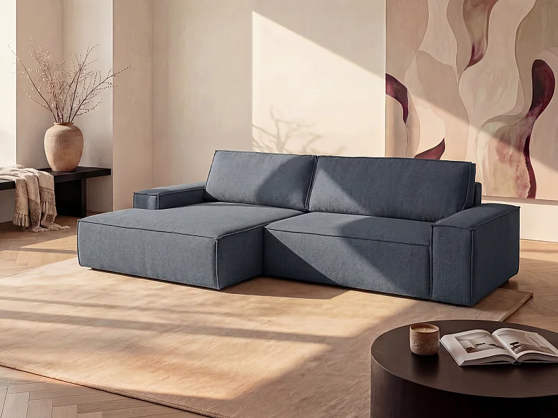 Hoekslaapbank met hoek links van blauwe stof met textuur AMELIA