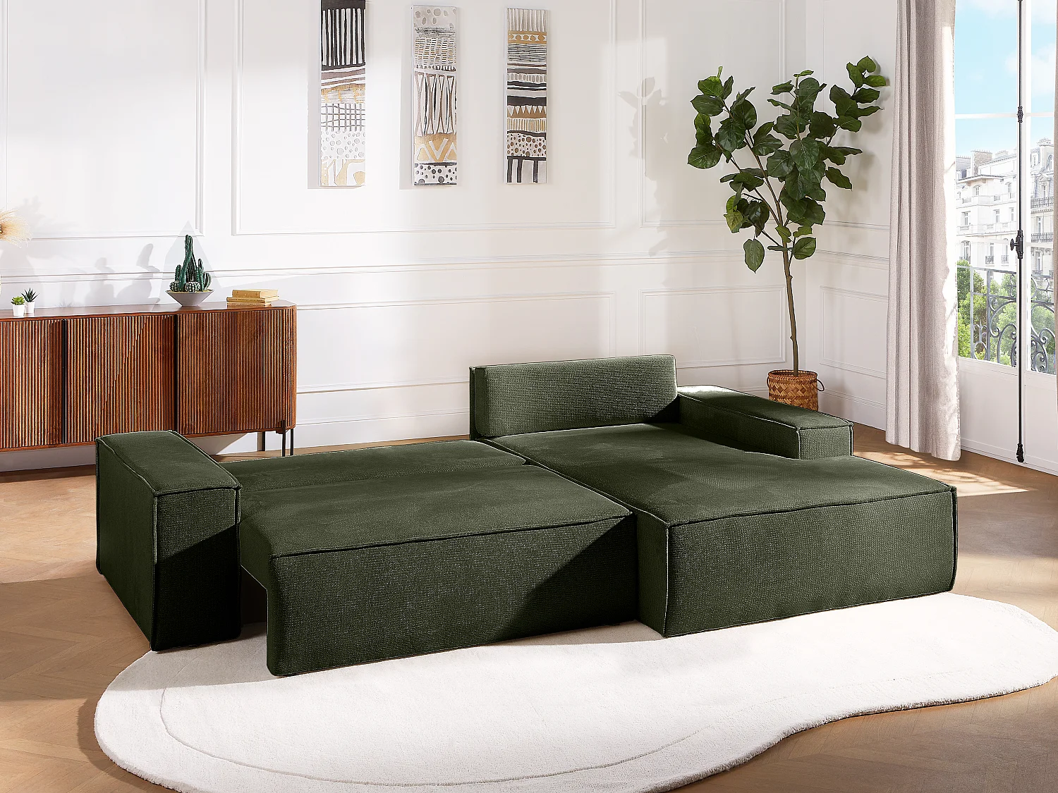 Canapé d'angle droit convertible en tissu texturé vert AMELIA