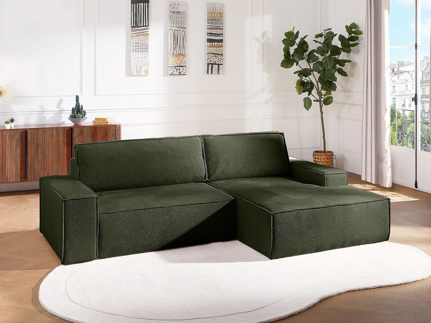 Canapé d'angle droit convertible en tissu texturé vert AMELIA