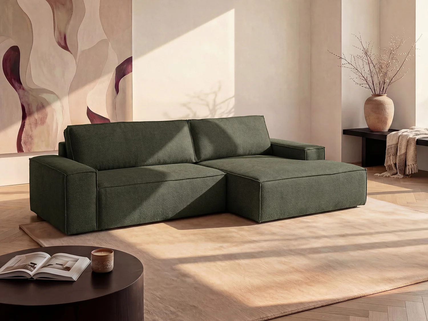 Canapé d'angle droit convertible en tissu texturé vert AMELIA