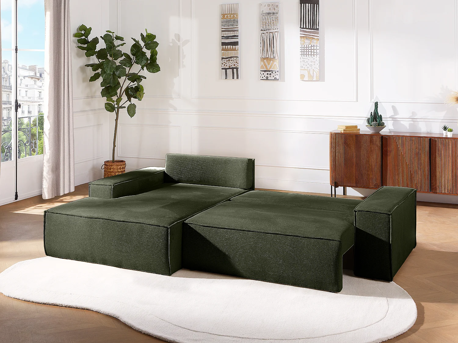 Canapé d'angle gauche convertible en tissu texturé vert AMELIA