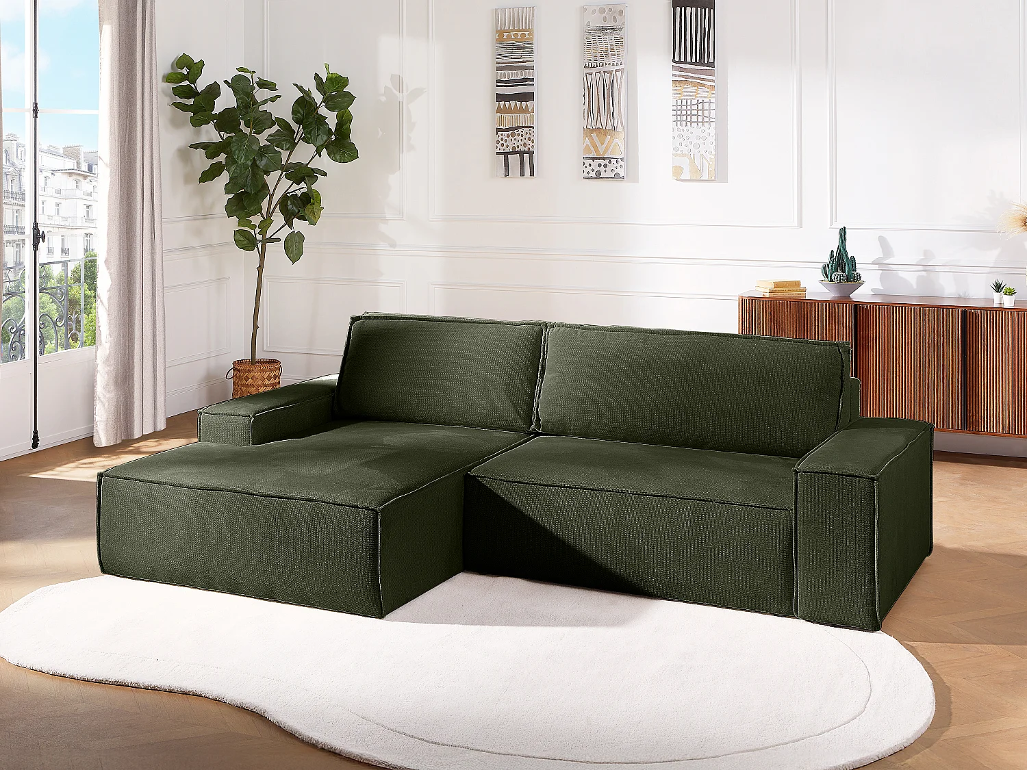 Canapé d'angle gauche convertible en tissu texturé vert AMELIA