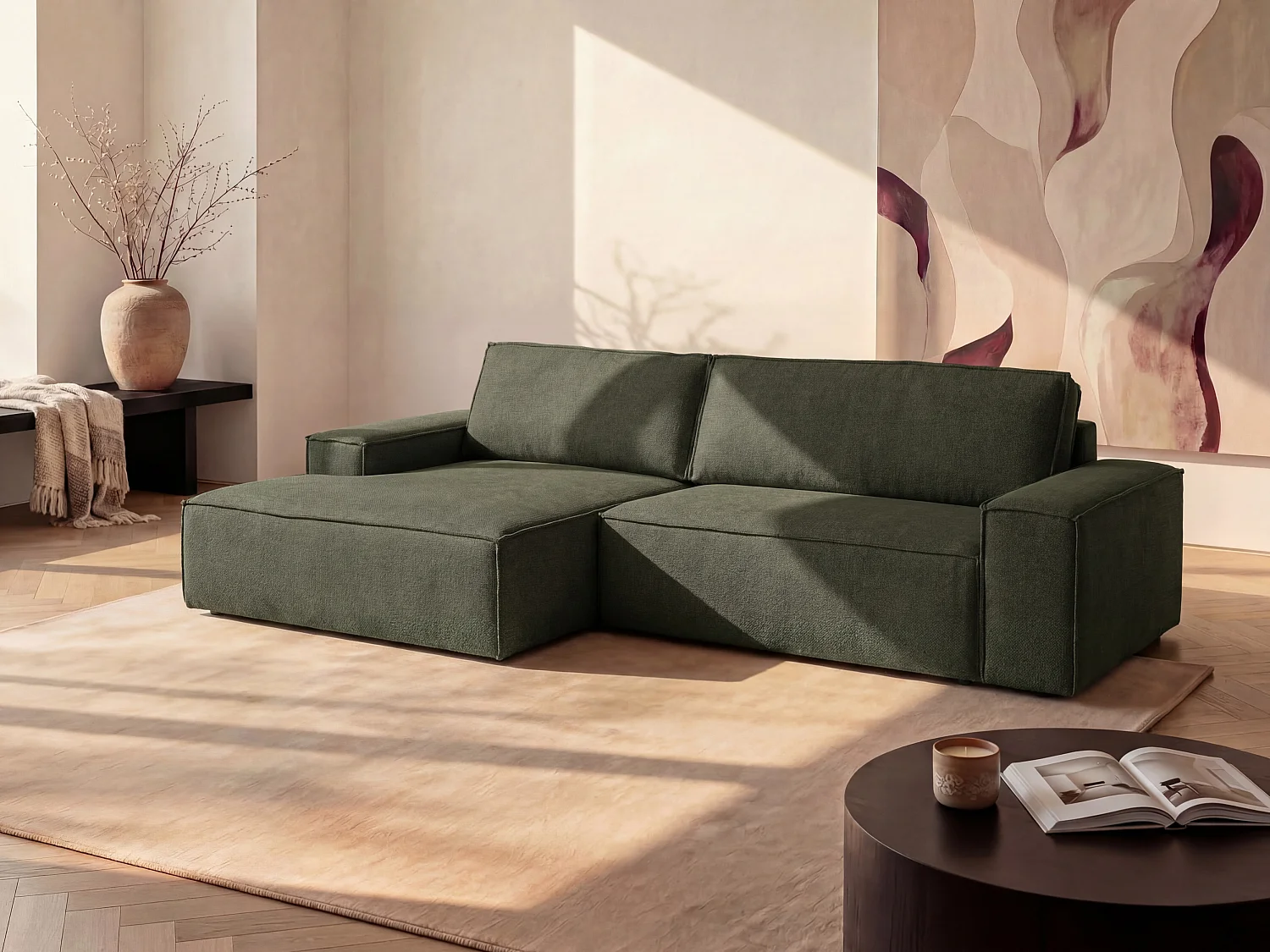 Canapé d'angle gauche convertible en tissu texturé vert AMELIA