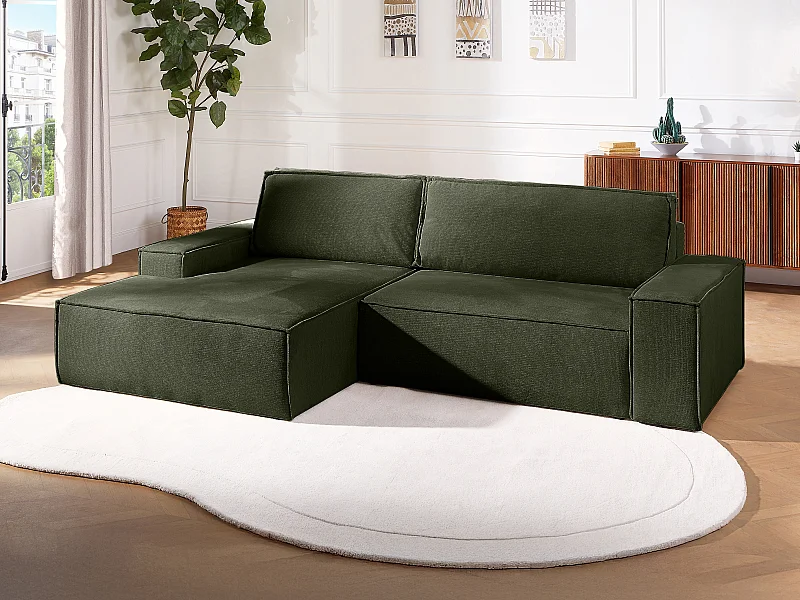 Canapé d'angle gauche convertible en tissu texturé vert AMELIA