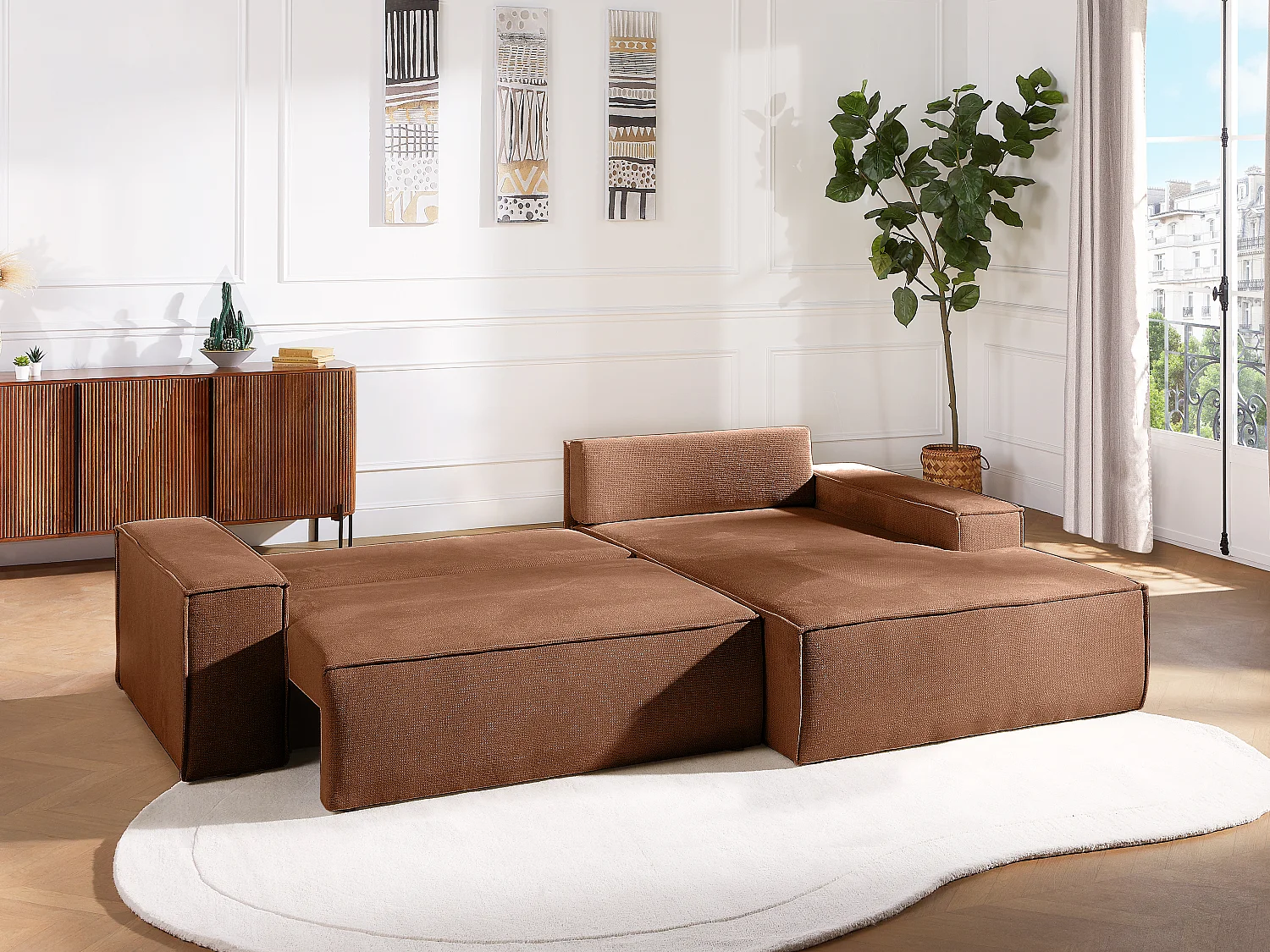 Canapé d'angle droit convertible en tissu texturé terracotta AMELIA