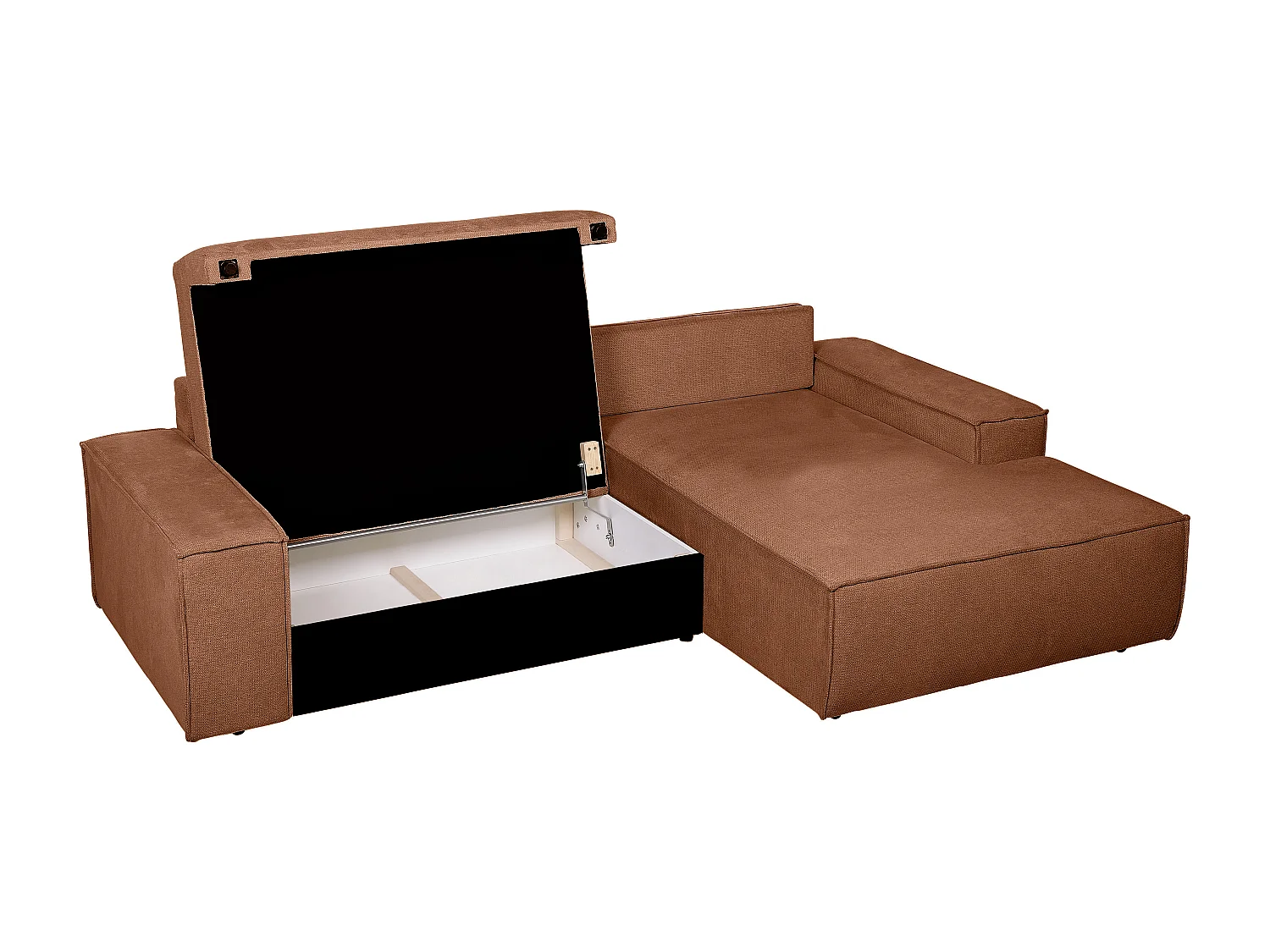 Sofá cama rinconera derecha de tela texturizada terracota AMELIA