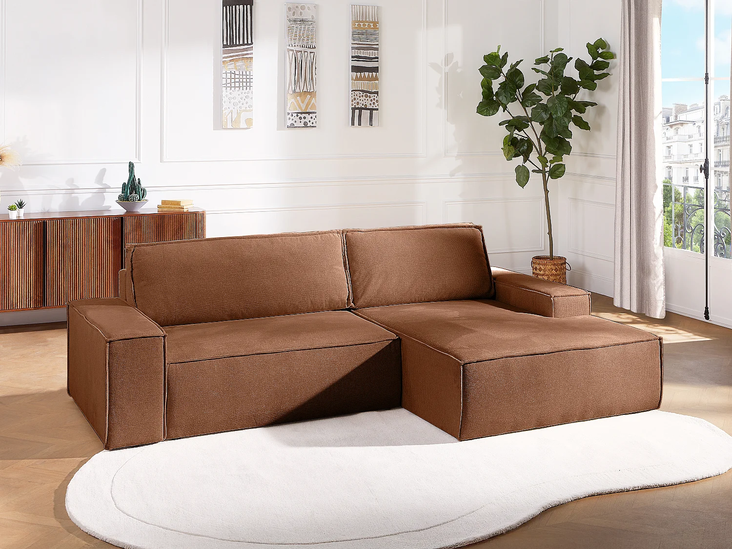 Ecksofa mit Schlaffunktion - Ecke rechts - Strukturstoff - Terracotta - AMELIA