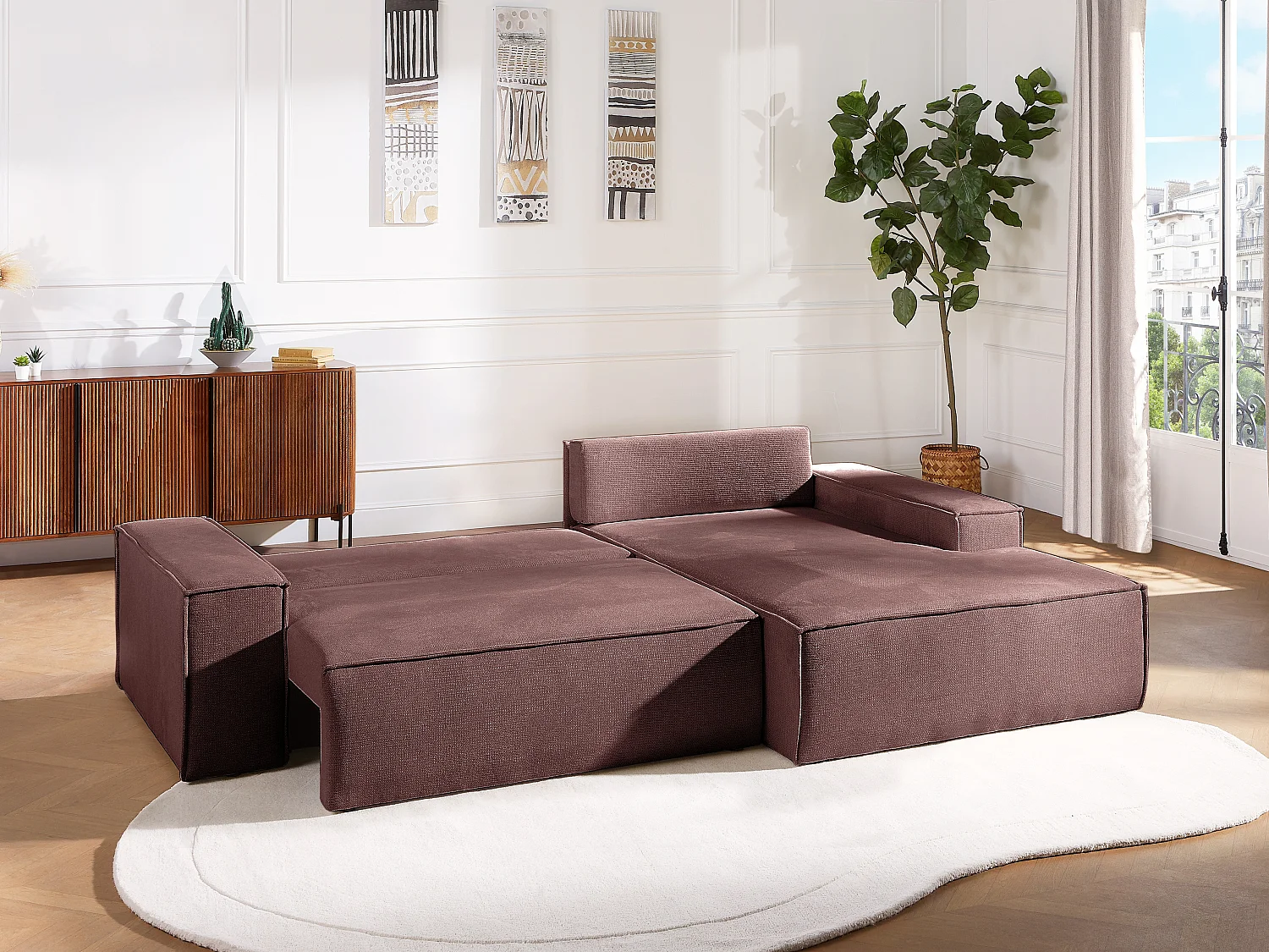 Ecksofa mit Schlaffunktion - Ecke rechts - Strukturstoff - Terracotta - AMELIA