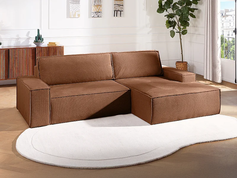 Canapé d'angle droit convertible en tissu texturé terracotta AMELIA