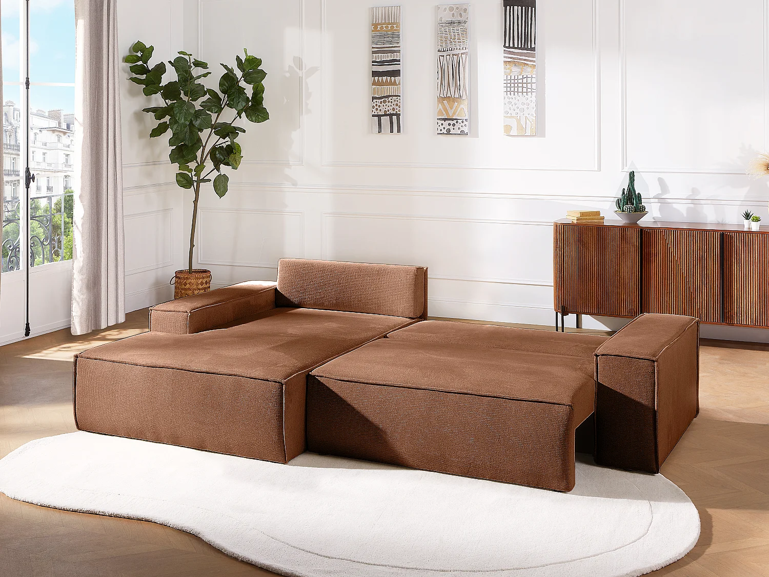 Canapé d'angle gauche convertible en tissu texturé terracotta AMELIA