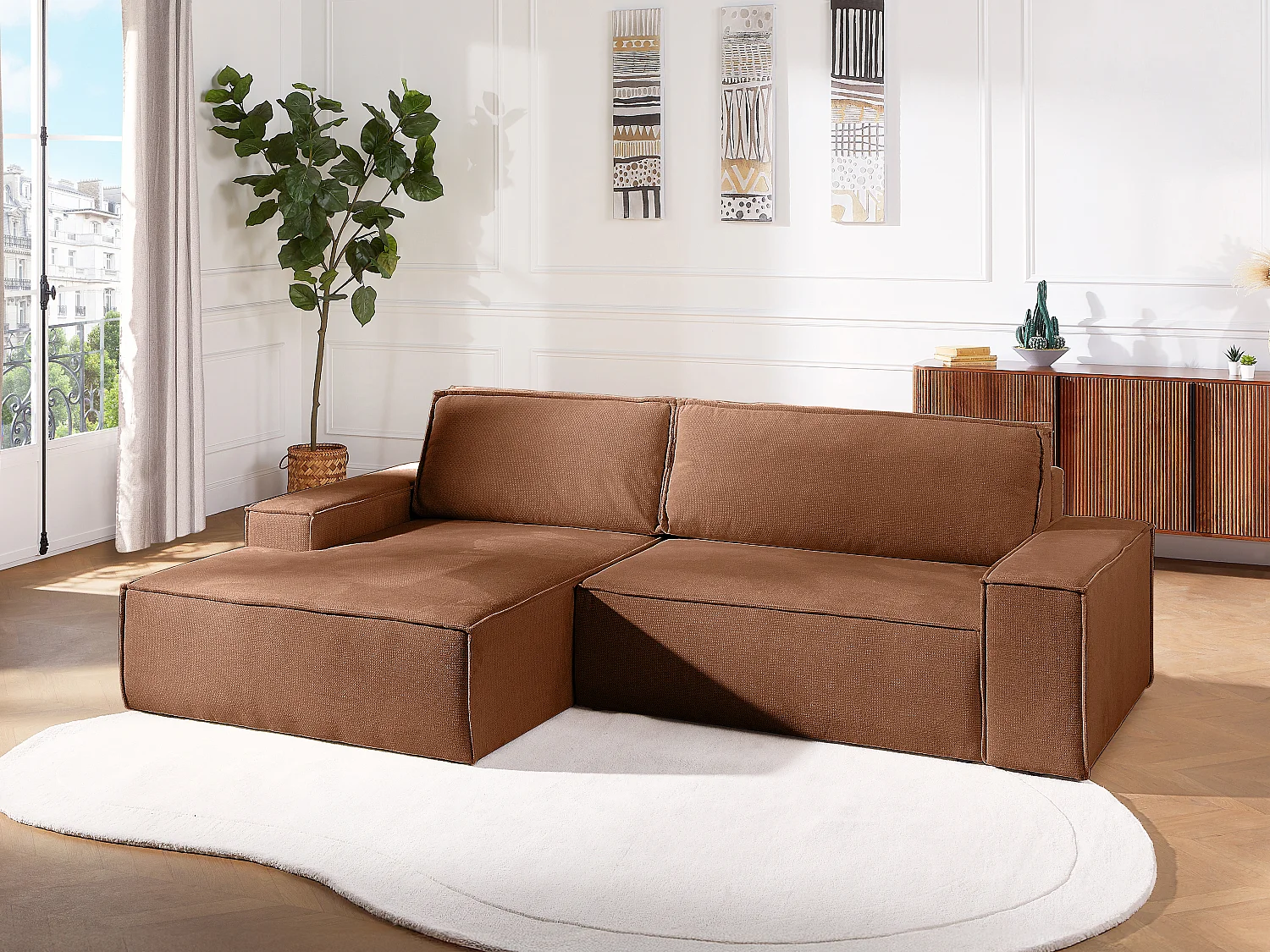 Ecksofa mit Schlaffunktion - Ecke links - Strukturstoff - Terracotta - AMELIA