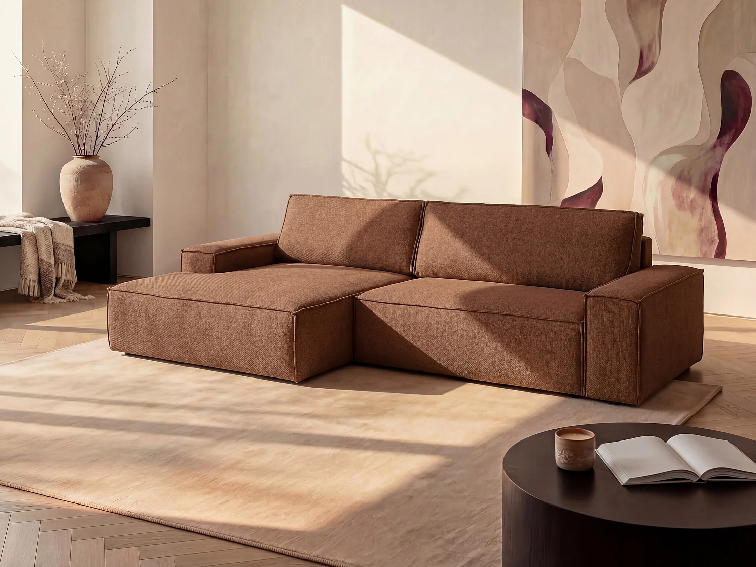 Canapé d'angle gauche convertible en tissu texturé terracotta AMELIA