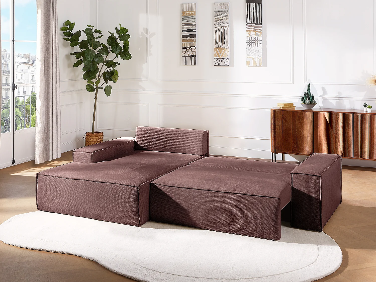 Ecksofa mit Schlaffunktion - Ecke links - Strukturstoff - Terracotta - AMELIA