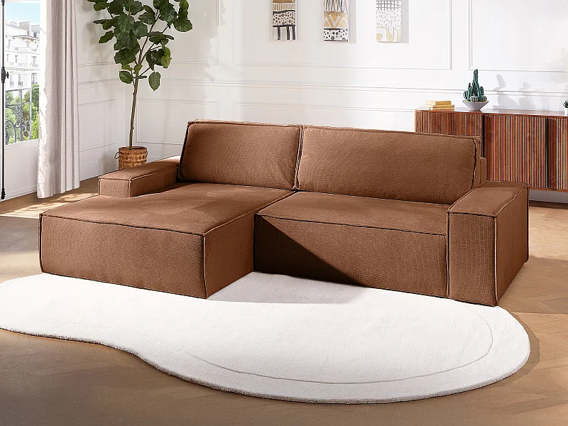 Canapé d'angle gauche convertible en tissu texturé terracotta AMELIA