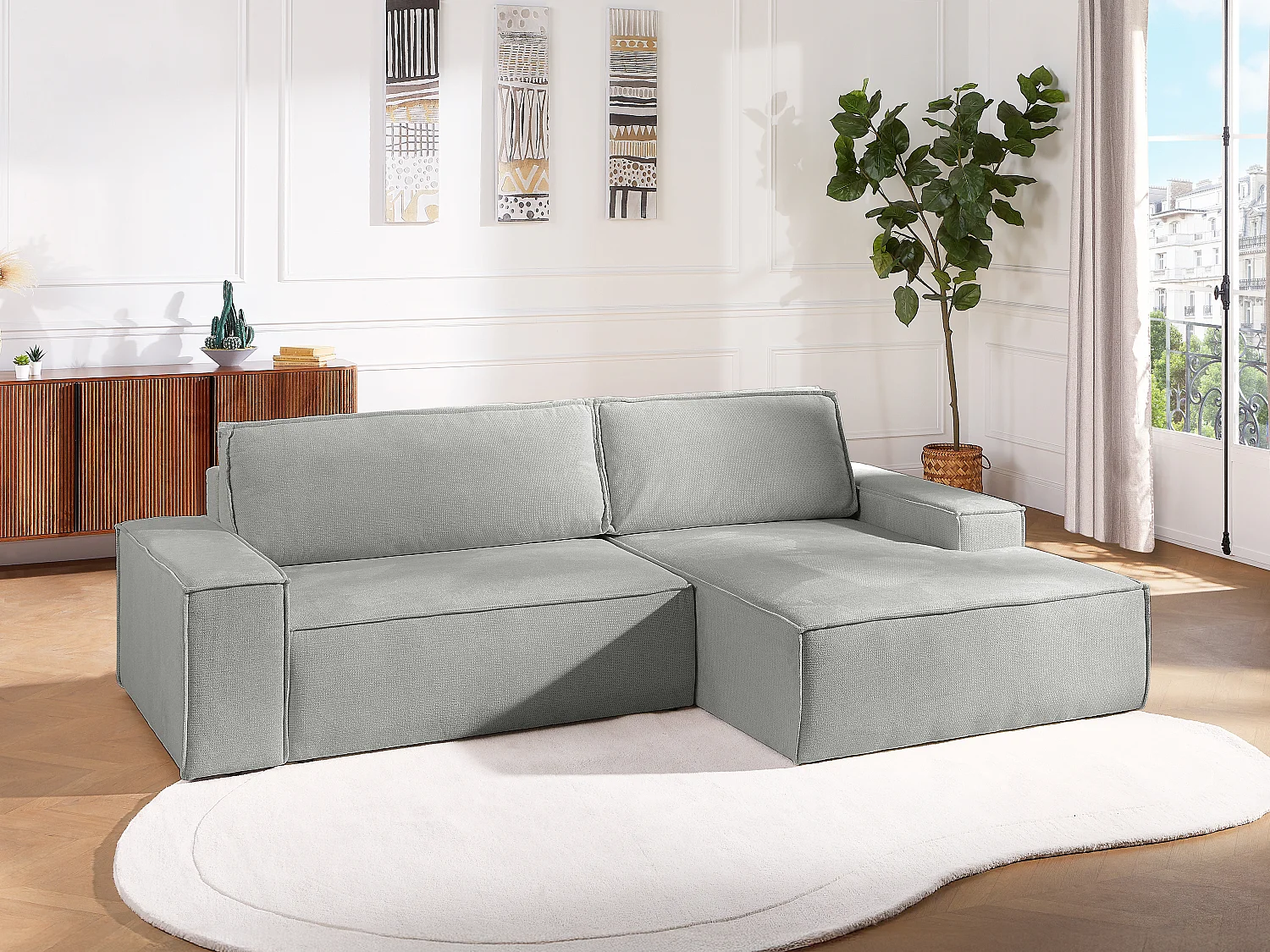 Canapé d'angle droit convertible en tissu texturé gris AMELIA