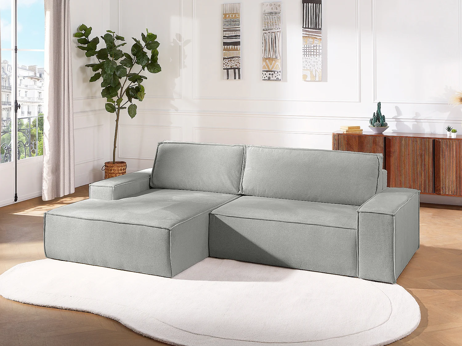 Canapé d'angle gauche convertible en tissu texturé gris AMELIA