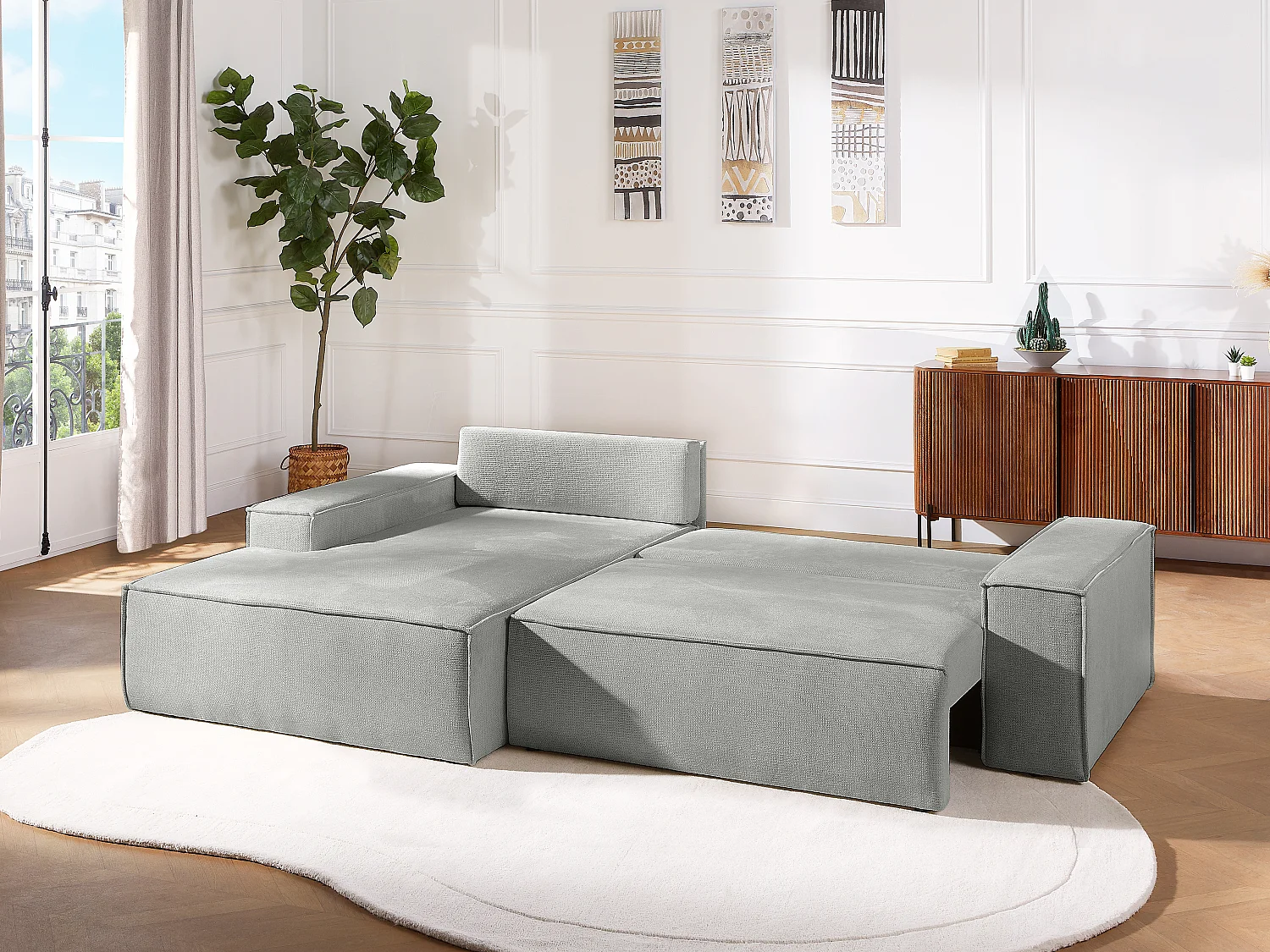 Ecksofa mit Schlaffunktion - Ecke links - Strukturstoff - Grau - AMELIA