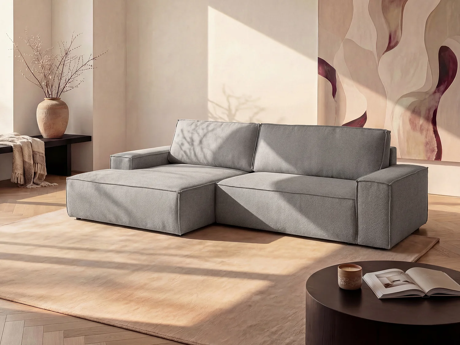 Canapé d'angle gauche convertible en tissu texturé gris AMELIA