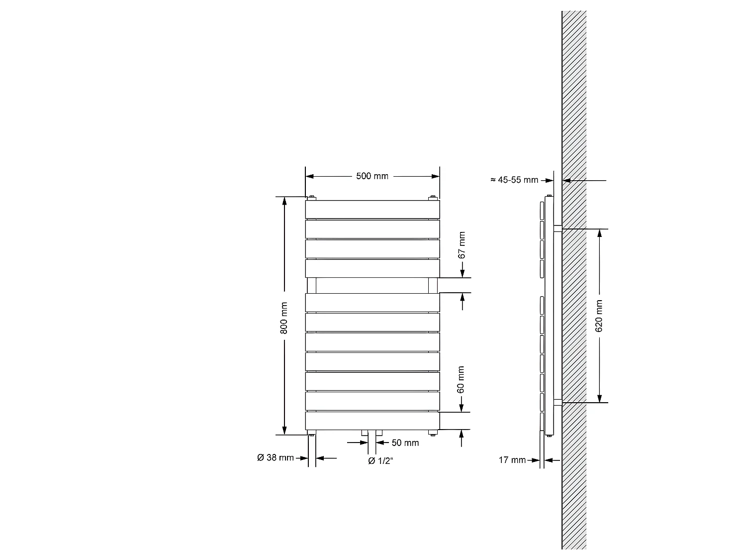 Radiateur de salle de bain Steam 500 x 800 mm Radiateur design noir avec raccord