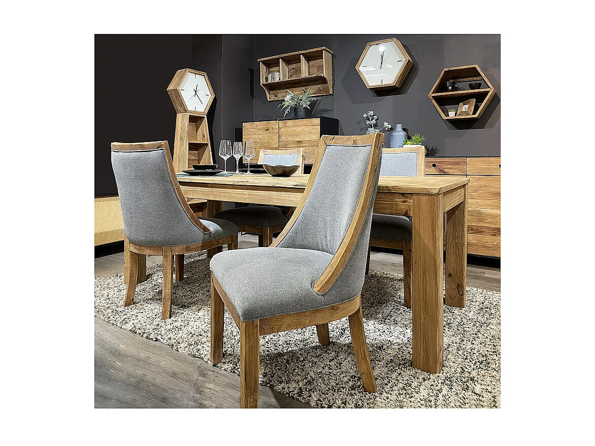 Chaise en tissu gris chiné et bois de pin massif recyclé - CHALET