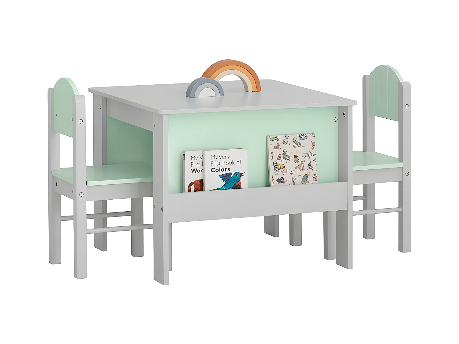 SoBuy KMB88-HG Ensemble Table Enfant avec 2 Chaises Enfants, Bureau Enfant avec 2 étagères à Livres latérales, Gris Clair et Vert Clair