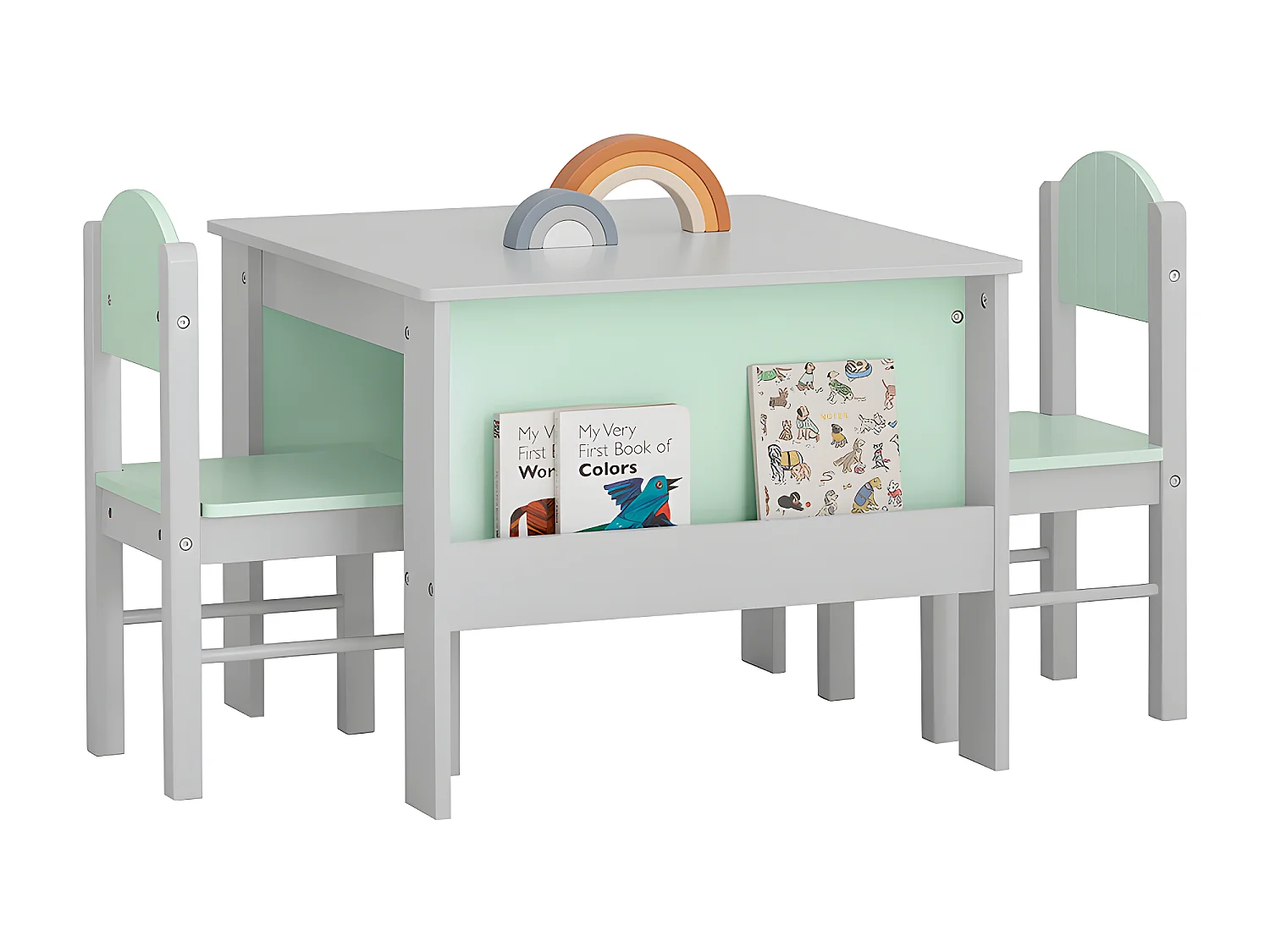 SoBuy KMB88-HG Ensemble Table Enfant avec 2 Chaises Enfants, Bureau Enfant avec 2 étagères à Livres latérales, Gris Clair et Vert Clair