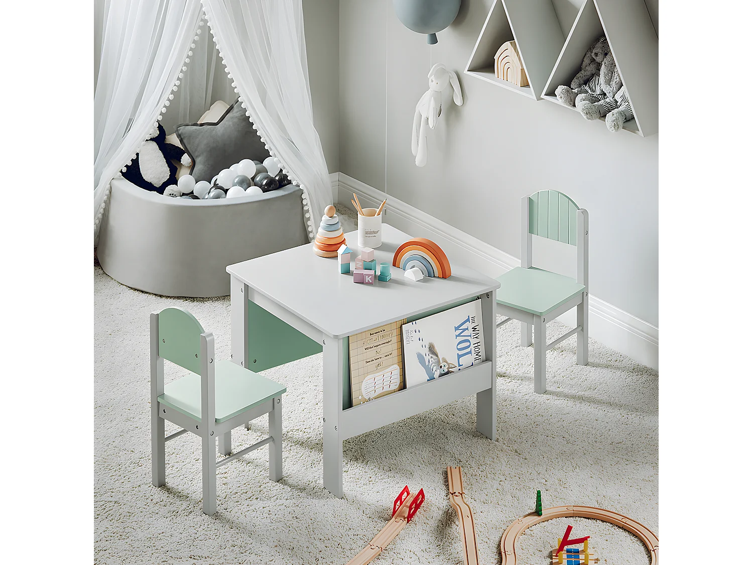 SoBuy KMB88-HG Ensemble Table Enfant avec 2 Chaises Enfants, Bureau Enfant avec 2 étagères à Livres latérales, Gris Clair et Vert Clair