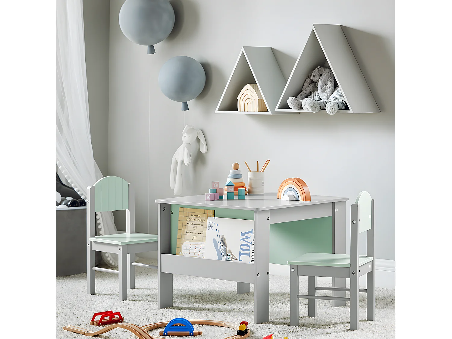 SoBuy KMB88-HG Ensemble Table Enfant avec 2 Chaises Enfants, Bureau Enfant avec 2 étagères à Livres latérales, Gris Clair et Vert Clair