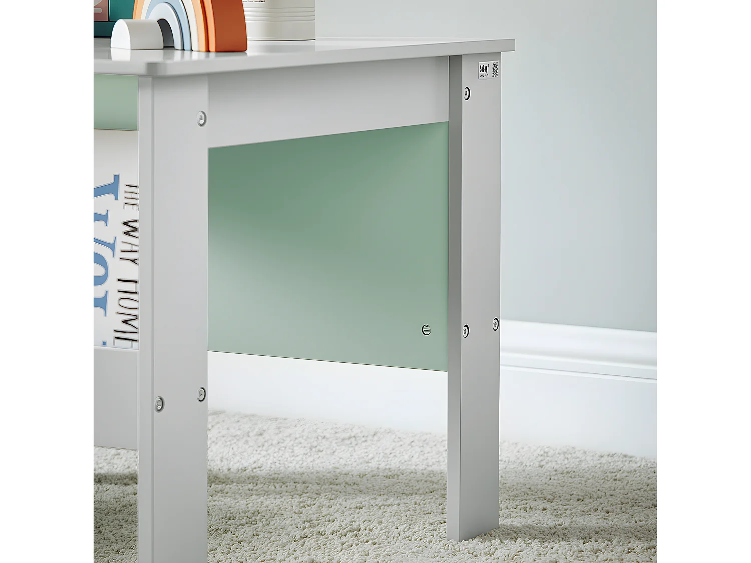 SoBuy KMB88-HG Ensemble Table Enfant avec 2 Chaises Enfants, Bureau Enfant avec 2 étagères à Livres latérales, Gris Clair et Vert Clair