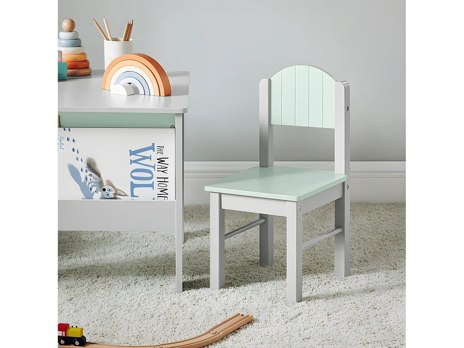 SoBuy KMB88-HG Ensemble Table Enfant avec 2 Chaises Enfants, Bureau Enfant avec 2 étagères à Livres latérales, Gris Clair et Vert Clair
