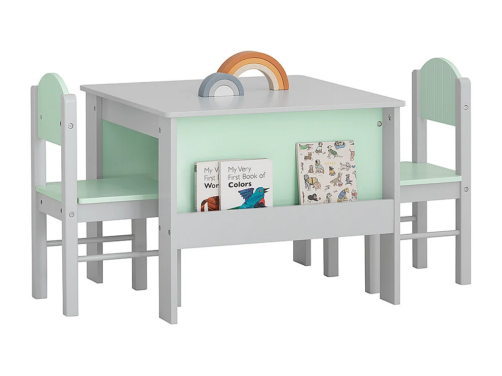 SoBuy KMB88-HG Ensemble Table Enfant avec 2 Chaises Enfants, Bureau Enfant avec 2 étagères à Livres latérales, Gris Clair et Vert Clair
