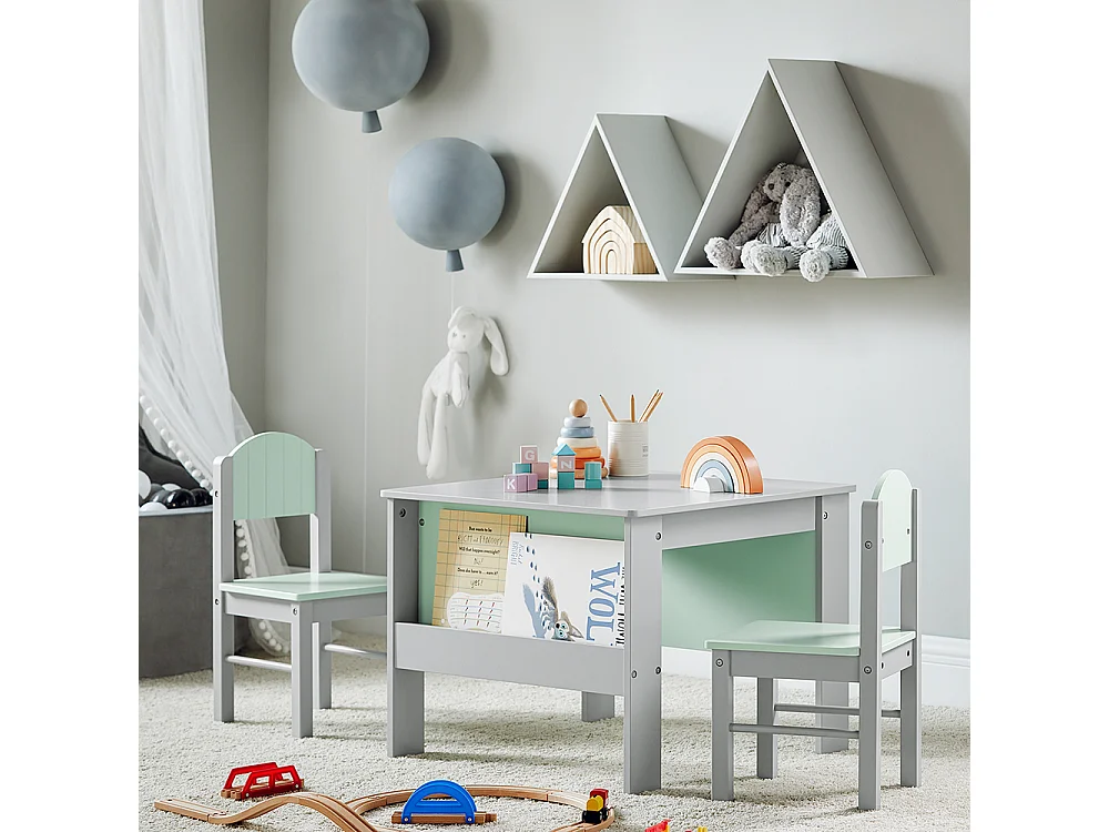 SoBuy KMB88-HG Ensemble Table Enfant avec 2 Chaises Enfants, Bureau Enfant avec 2 étagères à Livres latérales, Gris Clair et Vert Clair