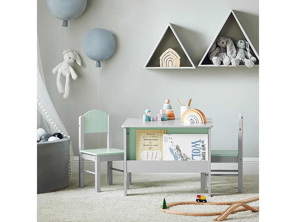 SoBuy KMB88-HG Ensemble Table Enfant avec 2 Chaises Enfants, Bureau Enfant avec 2 étagères à Livres latérales, Gris Clair et Vert Clair