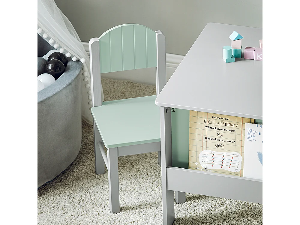 SoBuy KMB88-HG Ensemble Table Enfant avec 2 Chaises Enfants, Bureau Enfant avec 2 étagères à Livres latérales, Gris Clair et Vert Clair