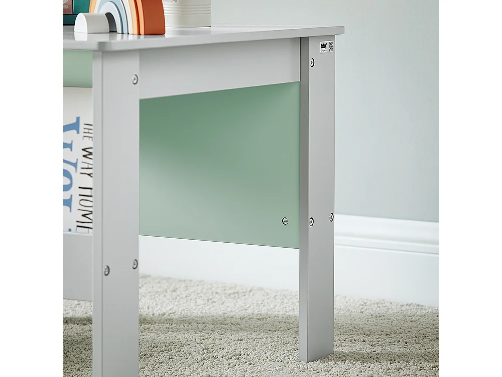 SoBuy KMB88-HG Ensemble Table Enfant avec 2 Chaises Enfants, Bureau Enfant avec 2 étagères à Livres latérales, Gris Clair et Vert Clair