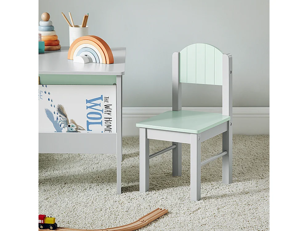 SoBuy KMB88-HG Ensemble Table Enfant avec 2 Chaises Enfants, Bureau Enfant avec 2 étagères à Livres latérales, Gris Clair et Vert Clair