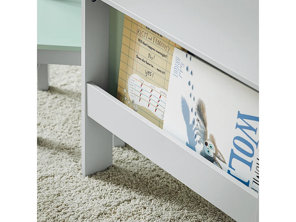 SoBuy KMB88-HG Ensemble Table Enfant avec 2 Chaises Enfants, Bureau Enfant avec 2 étagères à Livres latérales, Gris Clair et Vert Clair