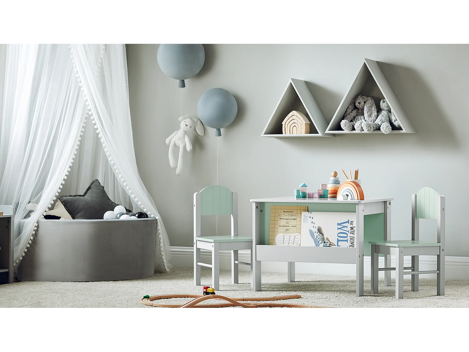 SoBuy KMB88-HG Ensemble Table Enfant avec 2 Chaises Enfants, Bureau Enfant avec 2 étagères à Livres latérales, Gris Clair et Vert Clair