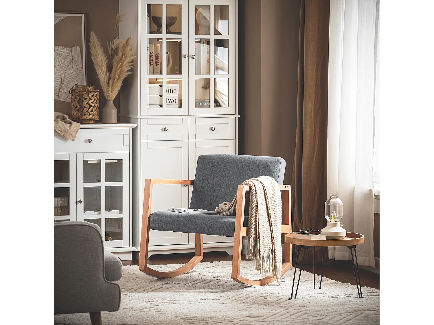 Sedia A Dondolo Da Soggiorno Poltrona A Dondolo Imbottita, Portata 114kg, Per Interni, Ufficio, Soggiorno, Grigio Chiaro, 66 X75x73cm, FST93-HG SoBuy