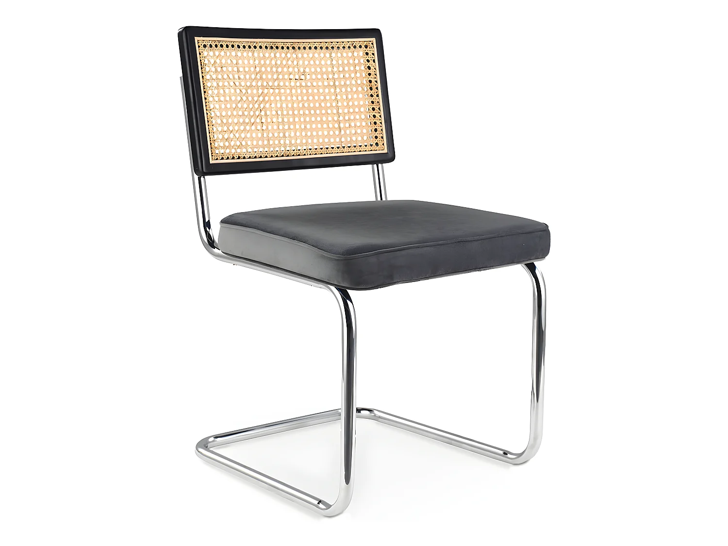 Chaise de salle à manger - Tapissée de velours - Bois et rotin - Hyre Gris foncé