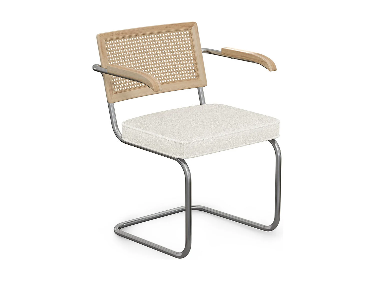 Chaise de salle à manger avec accoudoirs En Bouclette Fausse Fourrure Tapissée - Boucles Blanches- Bois et rotin - Birey Blanc