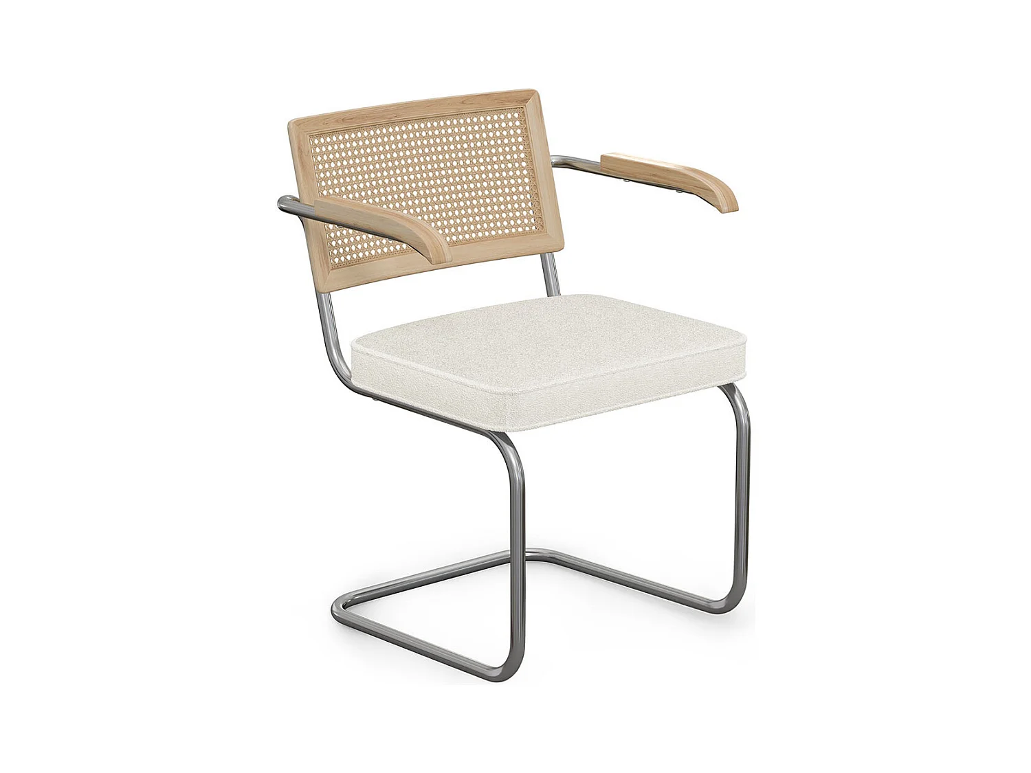 Chaise de salle à manger avec accoudoirs En Bouclette Fausse Fourrure Tapissée - Boucles Blanches- Bois et rotin - Birey Blanc