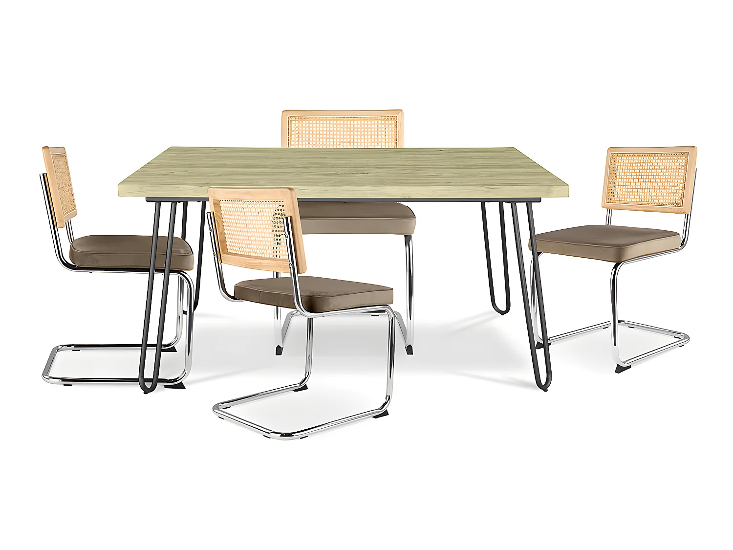 Confezione Tavolo da pranzo di design industriale 120cm e 4 sedie da pranzo in rattan - Rivestimento in velluto - Martha